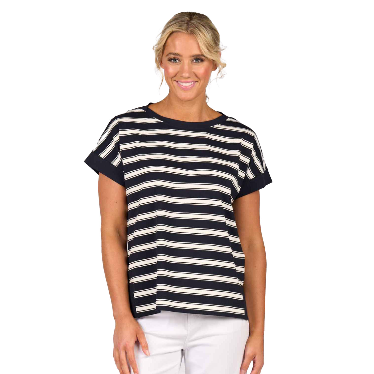 Vassalli Striped Drop Sleeve Top With Stepped Hem